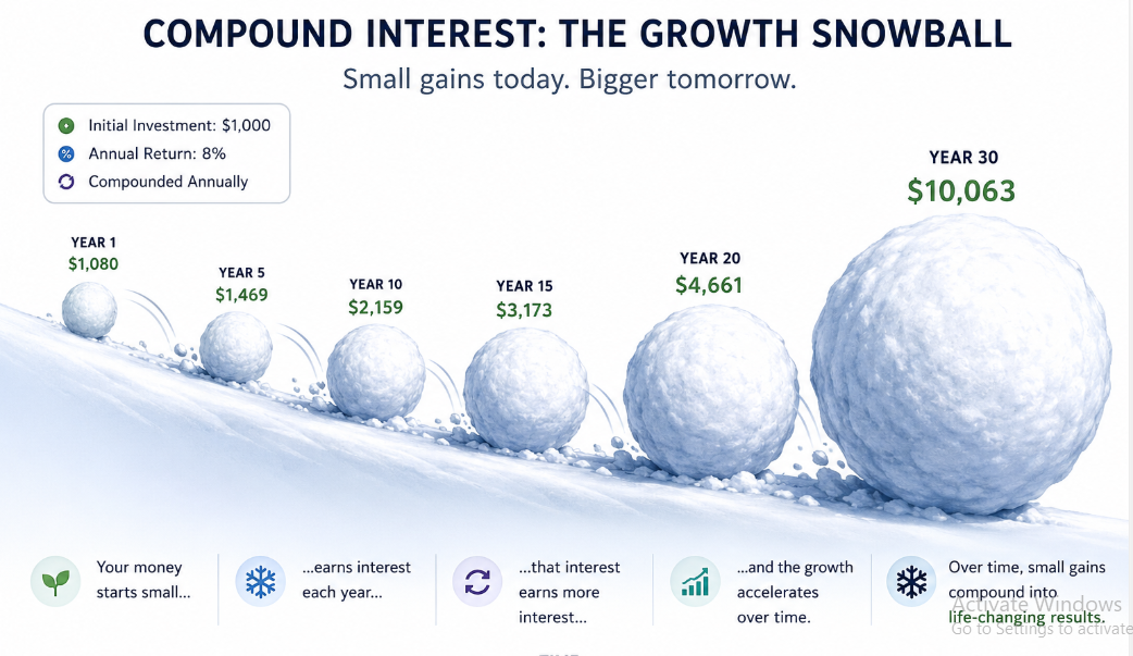 Compound interest growth snowball diagram showing $1,000 growing to $10,063 over 30 years at 8% annual return