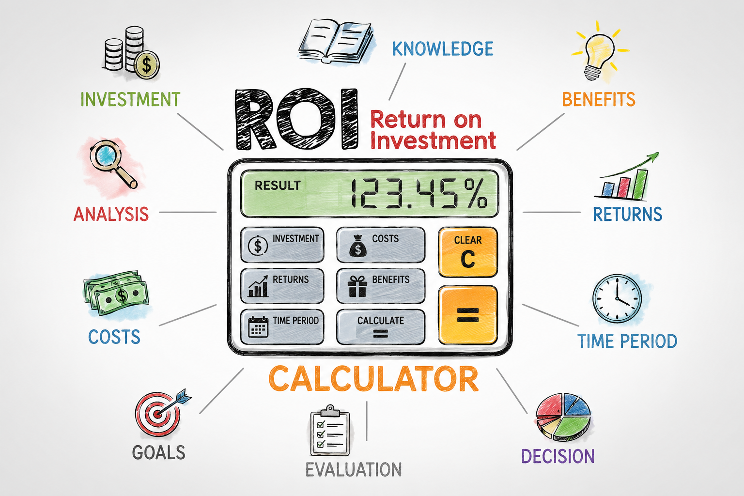 ROI Return on Investment Calculator showing 123.45% result with key factors: investment, costs, returns, benefits, time period, analysis, goals, evaluation, and knowledge