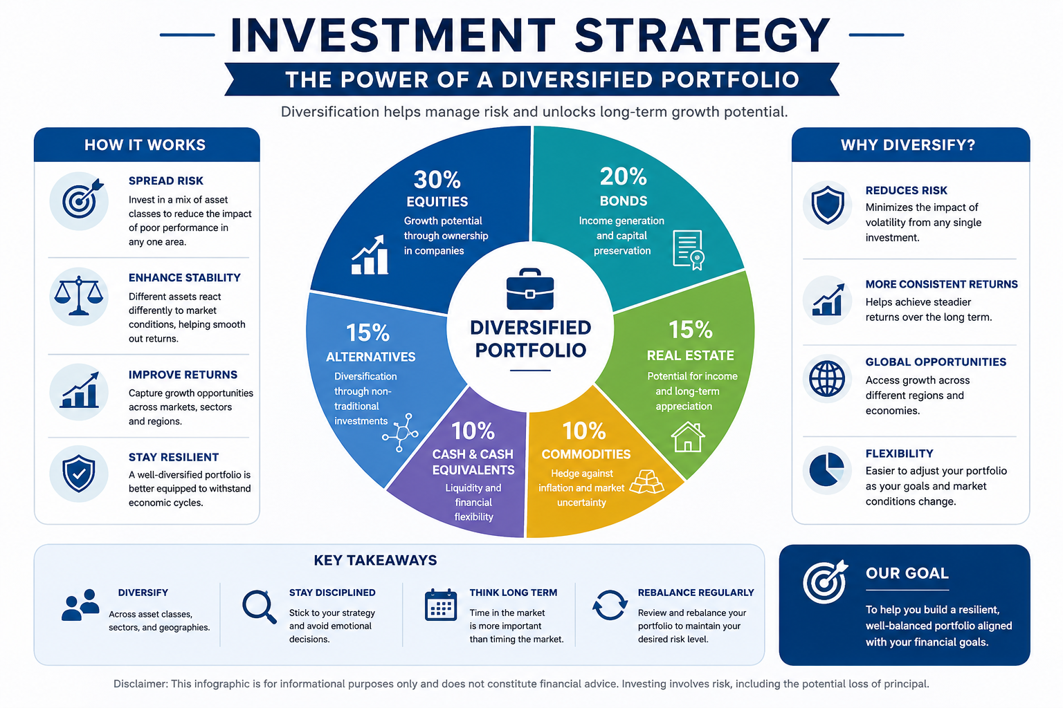 Investment strategy infographic showing diversified portfolio breakdown with 30 percent equities 20 percent bonds 15 percent real estate 15 percent alternatives 10 percent commodities and 10 percent cash