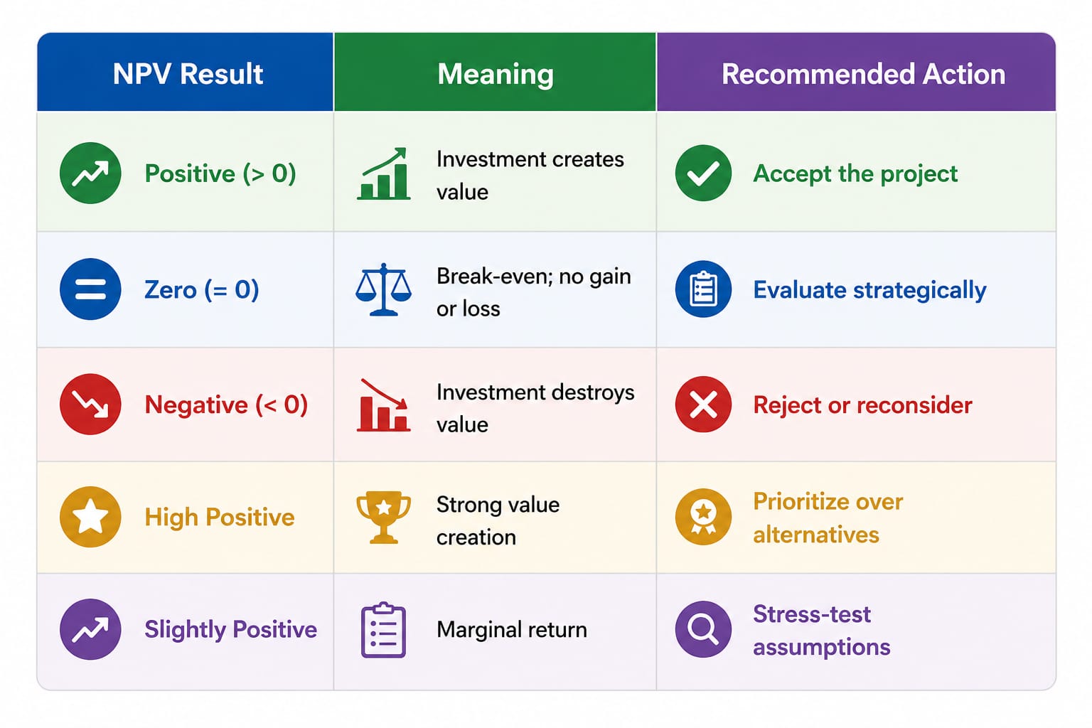 NPV result interpretation table showing five scenarios: positive NPV means accept the project, zero NPV means evaluate strategically, negative NPV means reject or reconsider, high positive NPV means prioritize over alternatives, slightly positive NPV means stress-test assumptions