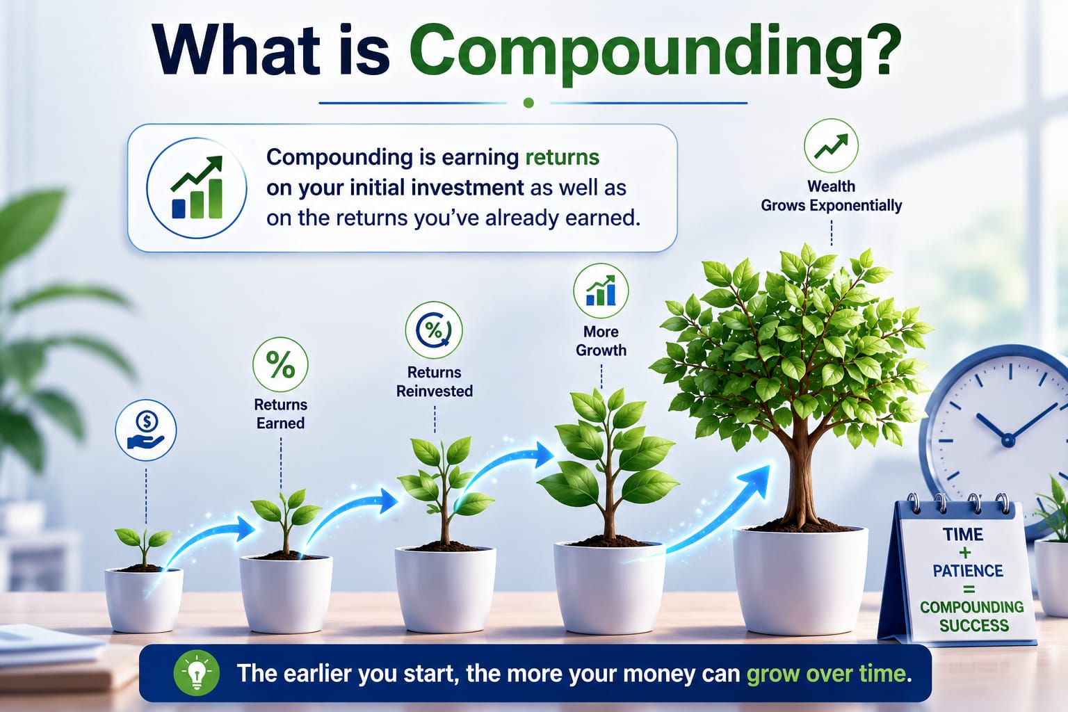 What is compounding infographic showing growing plants representing returns earned, returns reinvested, more growth, and exponential wealth growth over time through compound interest