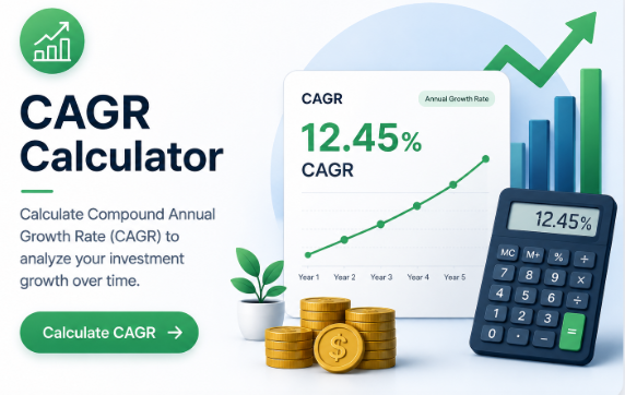CAGR calculator showing 12.45 percent compound annual growth rate with 5 year investment growth chart and calculator
