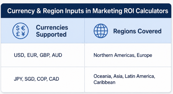 Currency and region inputs in marketing ROI calculators showing supported currencies USD EUR GBP AUD JPY SGD and regions covered worldwide