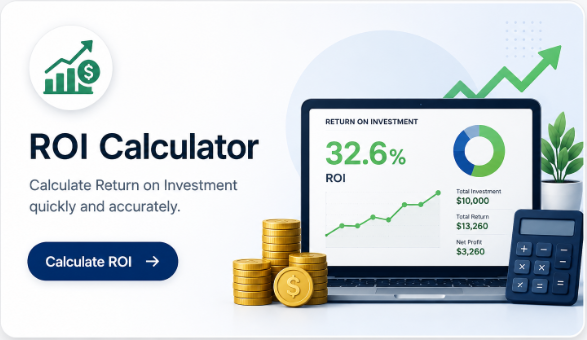ROI calculator tool showing 32.6 percent return on investment with total investment 10000 dollars total return 13260 dollars and net profit 3260 dollars