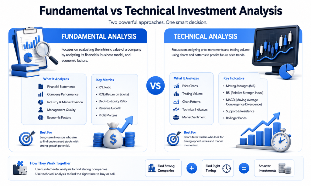 Infographic comparing fundamental analysis and technical analysis for investing, showing what each analyzes, key metrics/indicators, who each is best for, and how they work together.