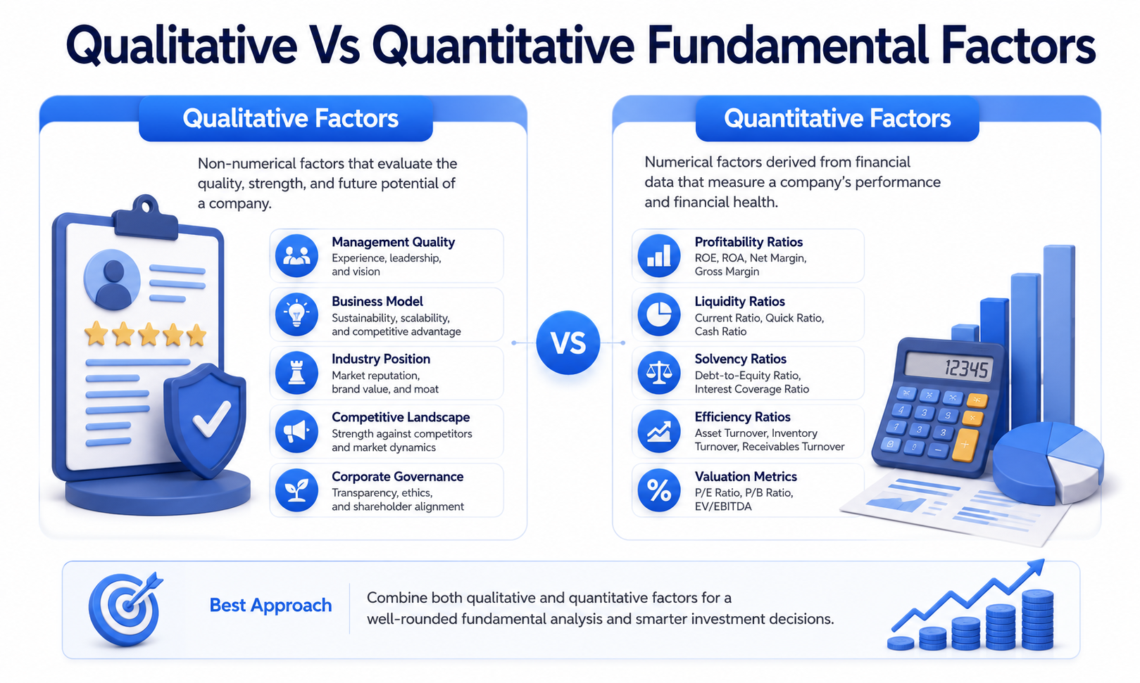Infographic comparing qualitative and quantitative fundamental factors used in investment analysis, listing management quality, business model, industry position, competitive landscape, and corporate governance alongside profitability, liquidity, solvency, efficiency, and valuation ratios.