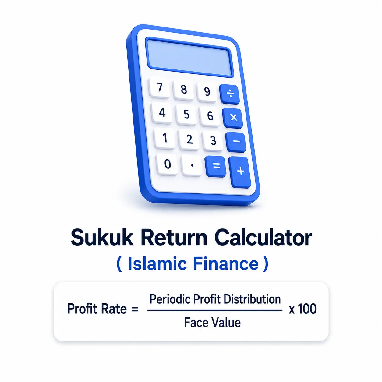 Sukuk return calculator graphic showing the formula: Profit Rate equals periodic profit distribution divided by face value, times 100