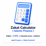 Zakat calculator graphic showing the formula: Zakat equals 2.5% times zakatable assets minus liabilities, applicable only if assets meet or exceed the nisab threshold