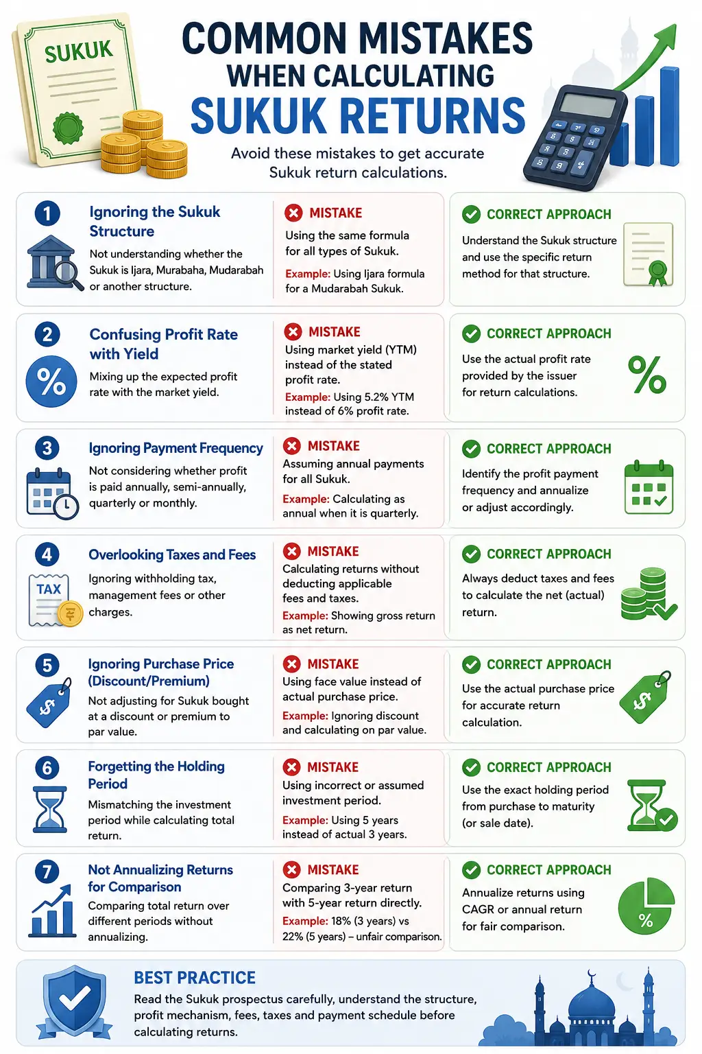Infographic listing 7 common mistakes when calculating Sukuk returns — ignoring Sukuk structure, confusing profit rate with yield, ignoring payment frequency, overlooking taxes and fees, ignoring purchase price, forgetting the holding period, and not annualizing returns — each with the mistake and correct approach.