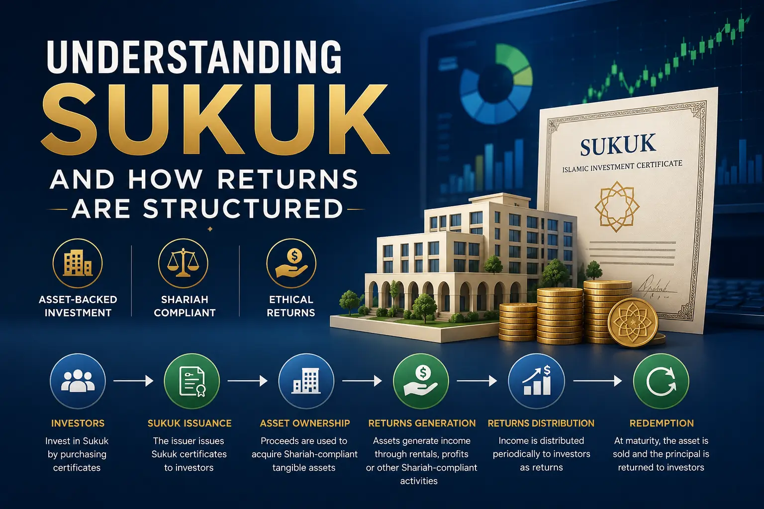 Infographic explaining Sukuk Islamic investment certificates, showing the six-step process from investor purchase to redemption, with icons for asset-backed investment, Shariah compliance, and ethical returns.
