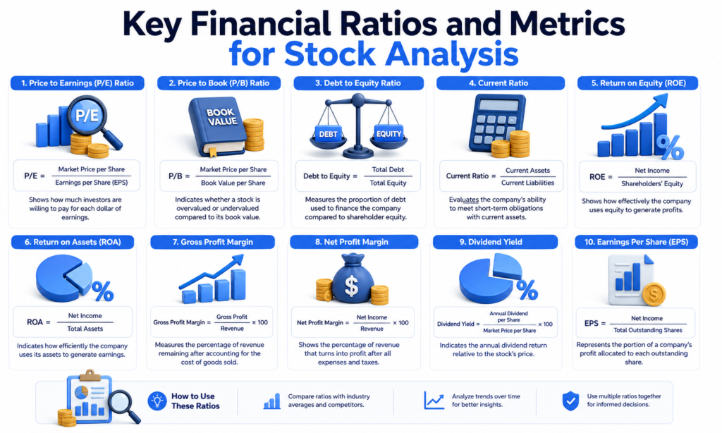 Infographic outlining 8 steps to analyze a stock before investing: understanding the business, analyzing financial statements, evaluating financial ratios, assessing growth potential, checking management quality, analyzing competitive position, valuing the stock, and considering risk factors.