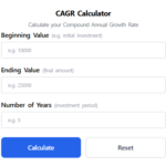 CAGR calculator tool showing beginning value, ending value, and number of years input fields