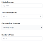 Compound interest calculator form with principal amount, annual interest rate, compounding frequency, and number of years fields