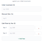 Net Present Value (NPV) calculator form with fields for initial investment, discount rate, and yearly cash flows