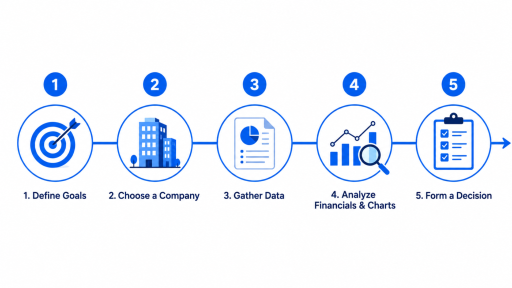 Five-step infographic showing the investment research process: define goals, choose a company, gather data, analyze financials and charts, form a decision