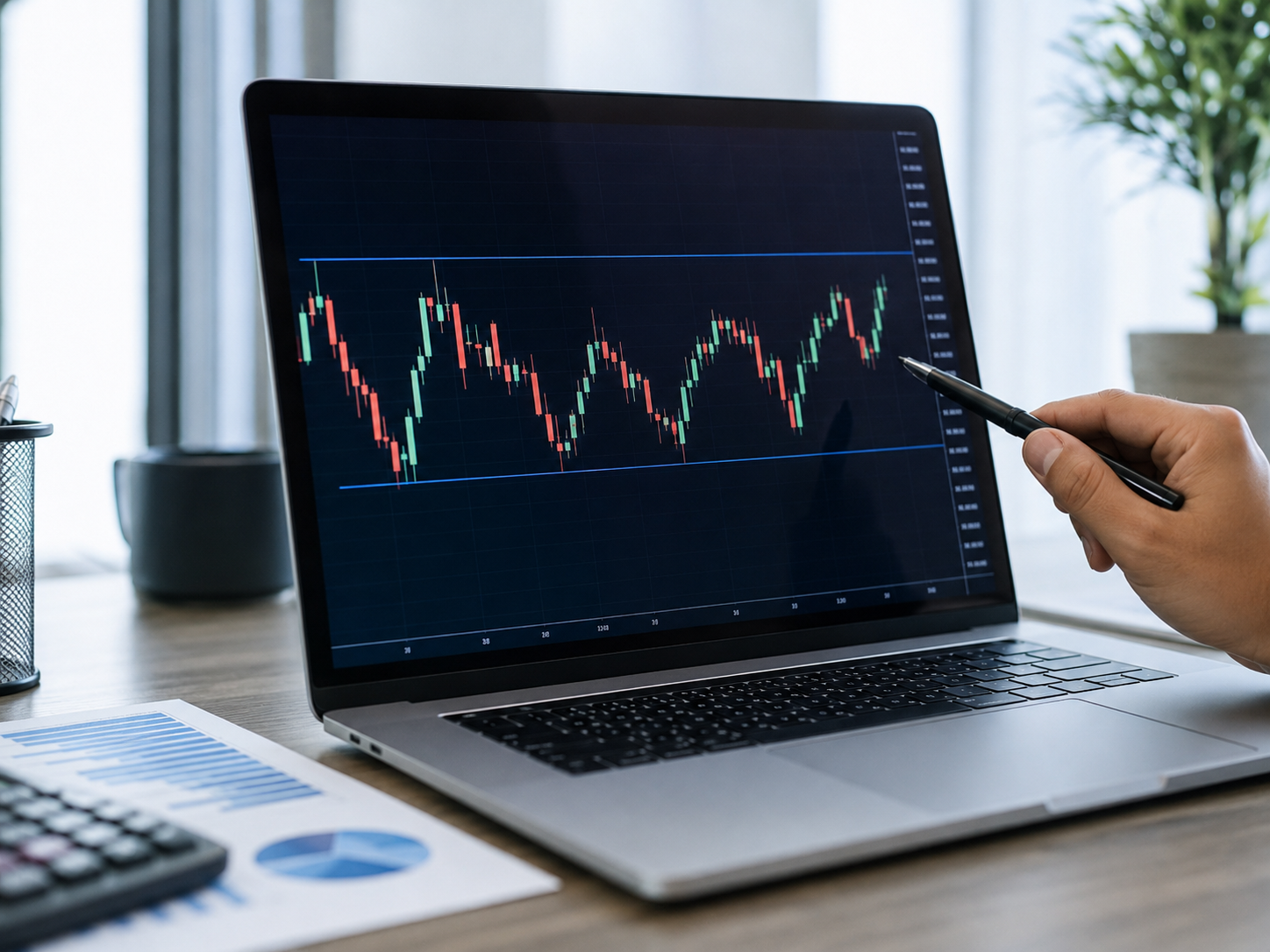 Hand pointing a pen at a candlestick stock chart with support and resistance lines on a laptop screen