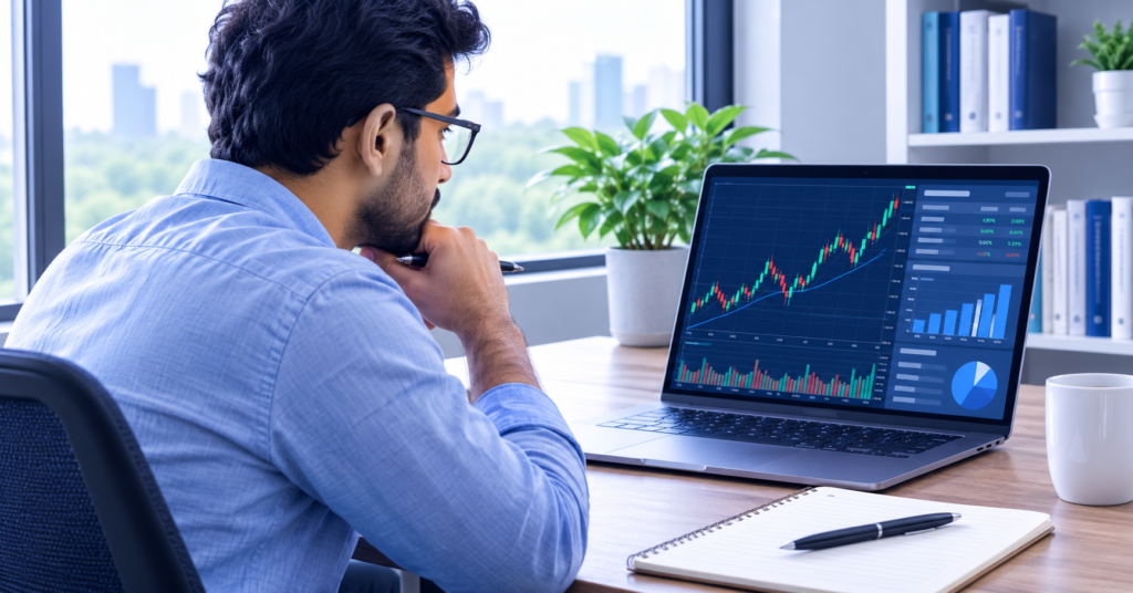Man wearing glasses thoughtfully analyzing a stock market chart and financial dashboard on a laptop in an office with a city view