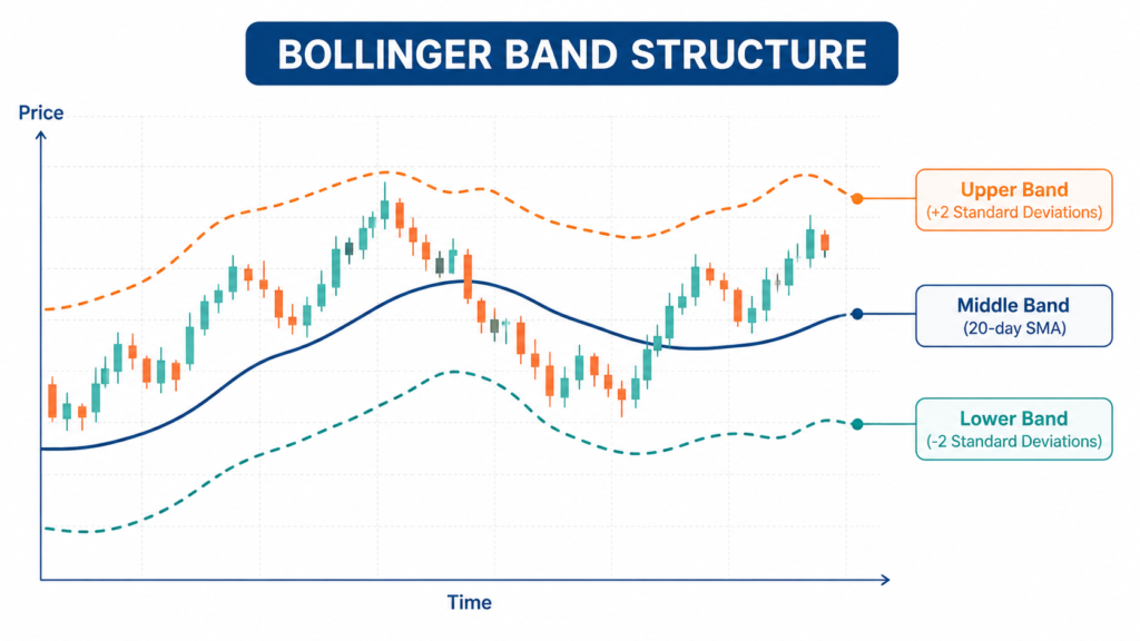 Candlestick chart with Bollinger Bands showing upper band at plus 2 standard deviations, middle band as 20-day SMA, and lower band at minus 2 standard deviations