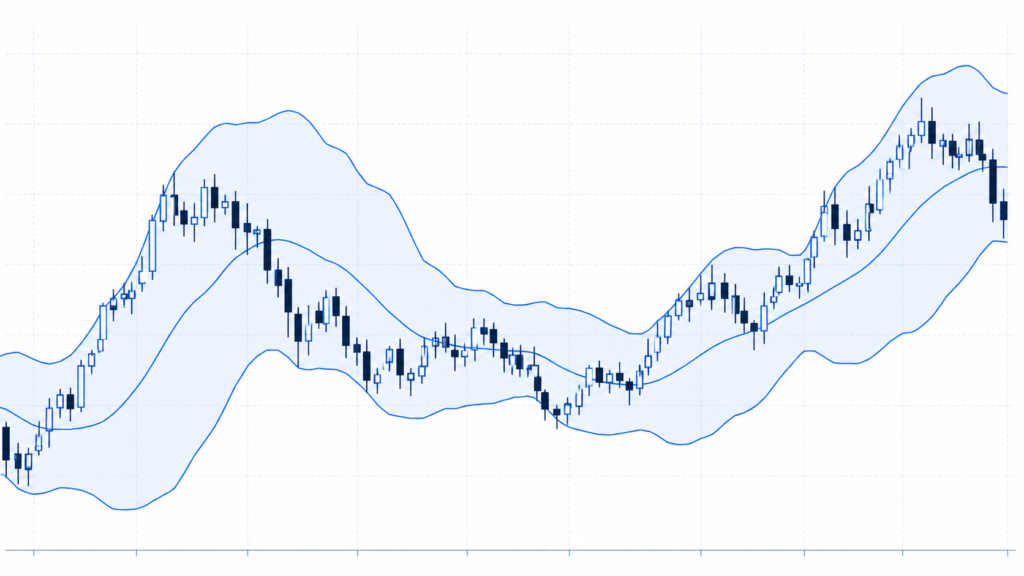 Candlestick price chart with Bollinger Bands showing volatility expansion and contraction over time