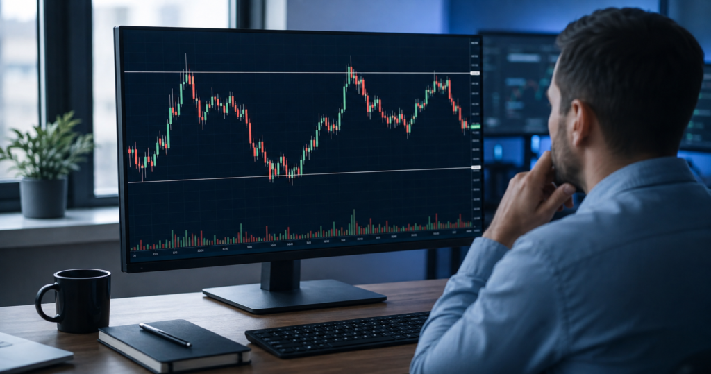Man analyzing a candlestick stock chart with support and resistance lines on a computer monitor