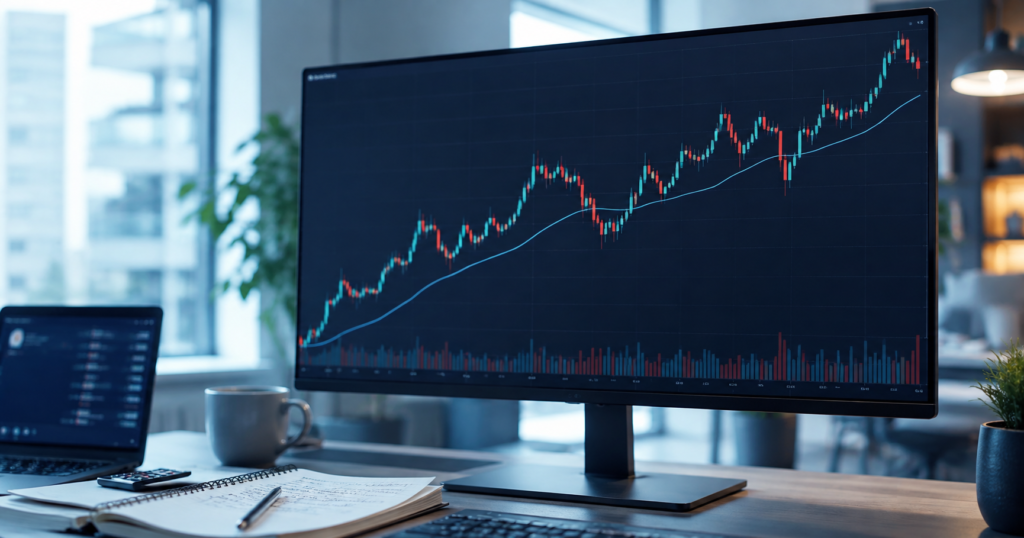 Computer monitor displaying an upward-trending stock market candlestick chart on a desk with a laptop, coffee mug, and notebook.