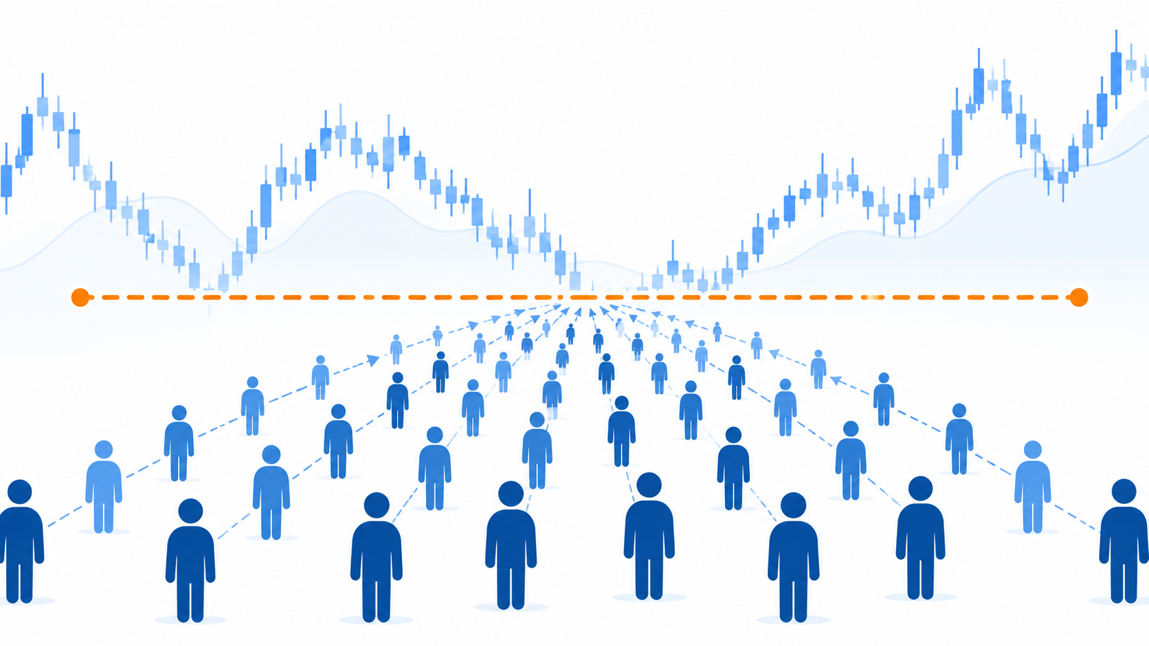 Crowd of people converging toward a central point on a stock market candlestick chart, symbolizing collective trading activity