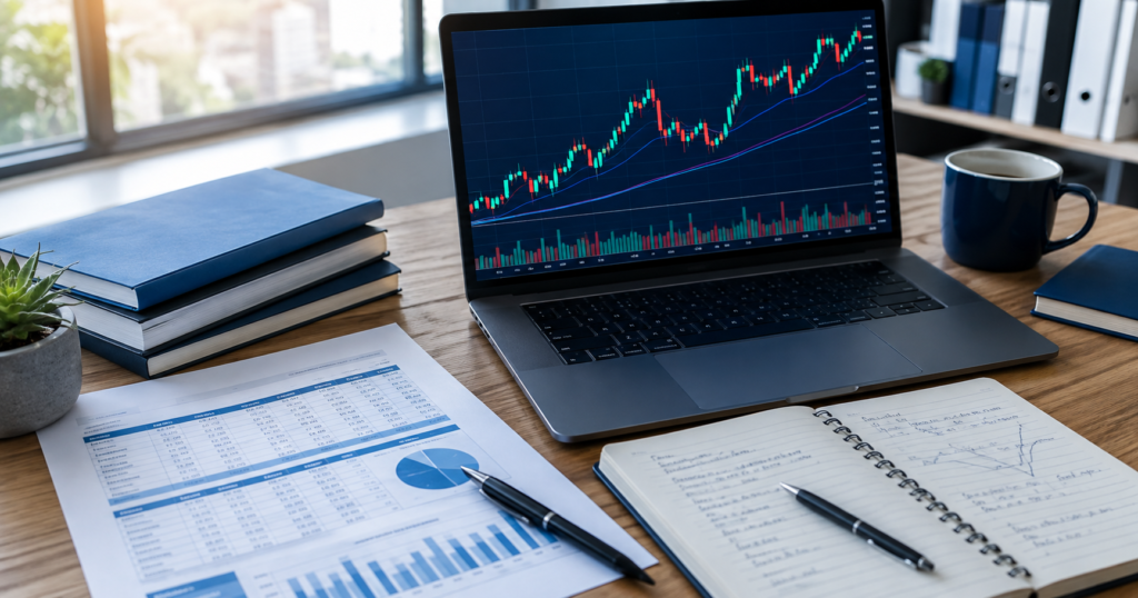 Desk workspace with a laptop showing a candlestick stock chart with moving averages, alongside printed financial reports with charts, a handwritten notebook, coffee mug, and stacked books