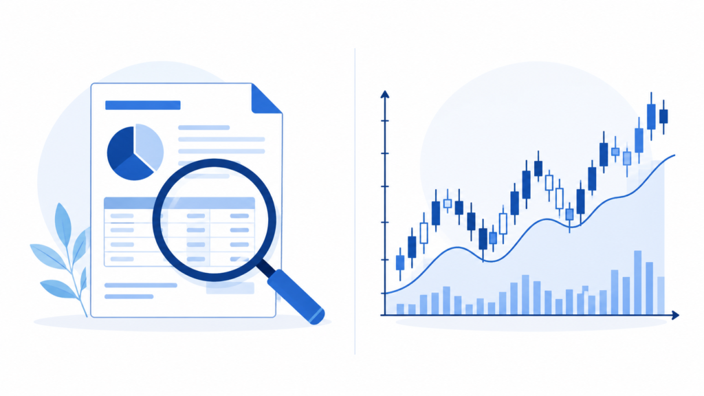 Illustration split between a financial report examined with a magnifying glass and a rising candlestick stock chart with volume bars