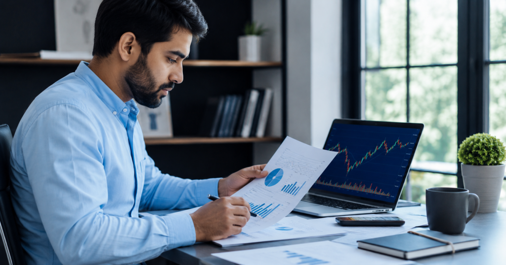 Businessman reviewing printed financial charts and reports next to a laptop displaying a stock market candlestick chart