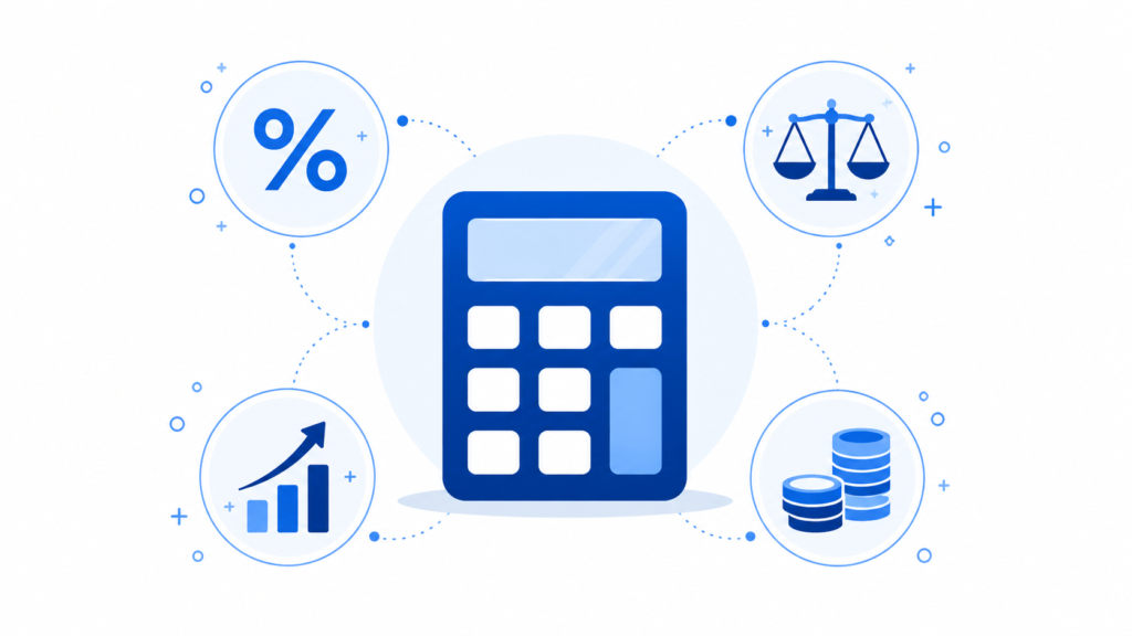 Calculator icon connected to four financial concept icons: percentage, balance scale, growth chart, and coin stacks