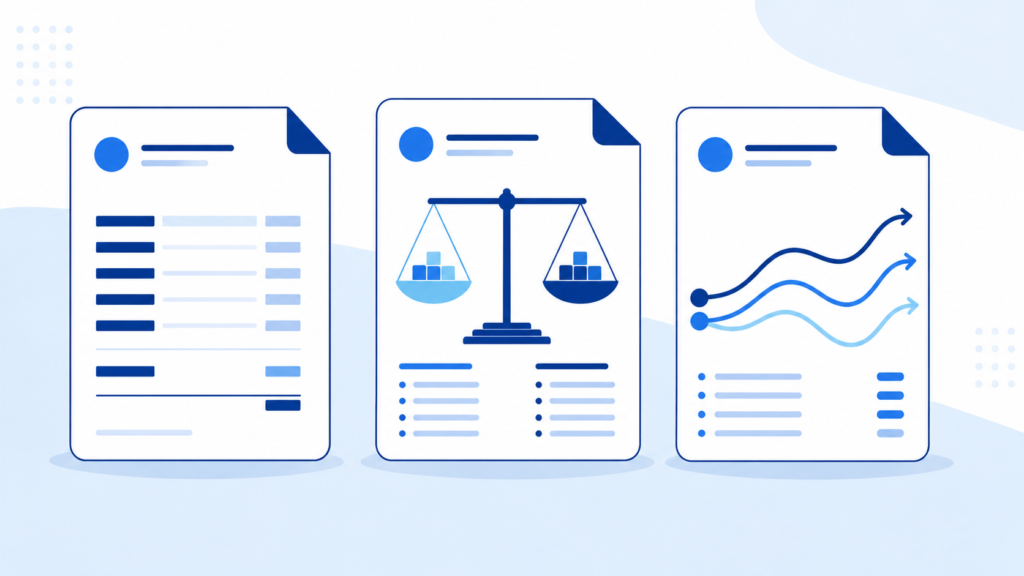 Three document illustrations showing a financial statement, a balanced scale representing comparison, and rising trend line projections