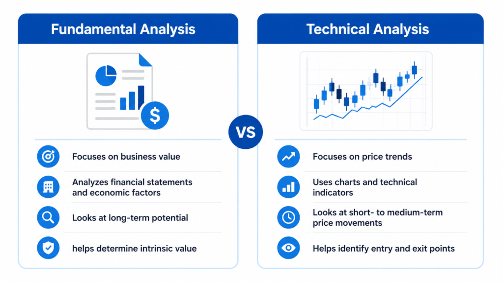 Comparison infographic of fundamental analysis versus technical analysis, listing key differences in investing approach