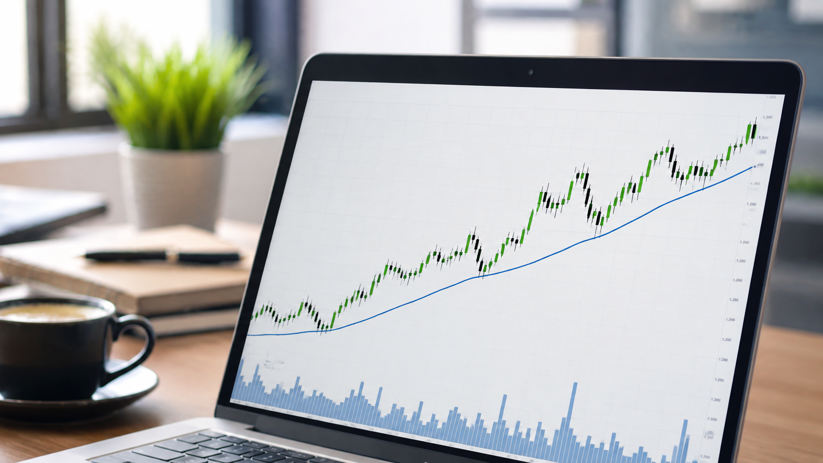 Laptop screen displaying an upward-trending candlestick stock chart with a moving average line, on a desk with a coffee cup, notebooks, and a plant.