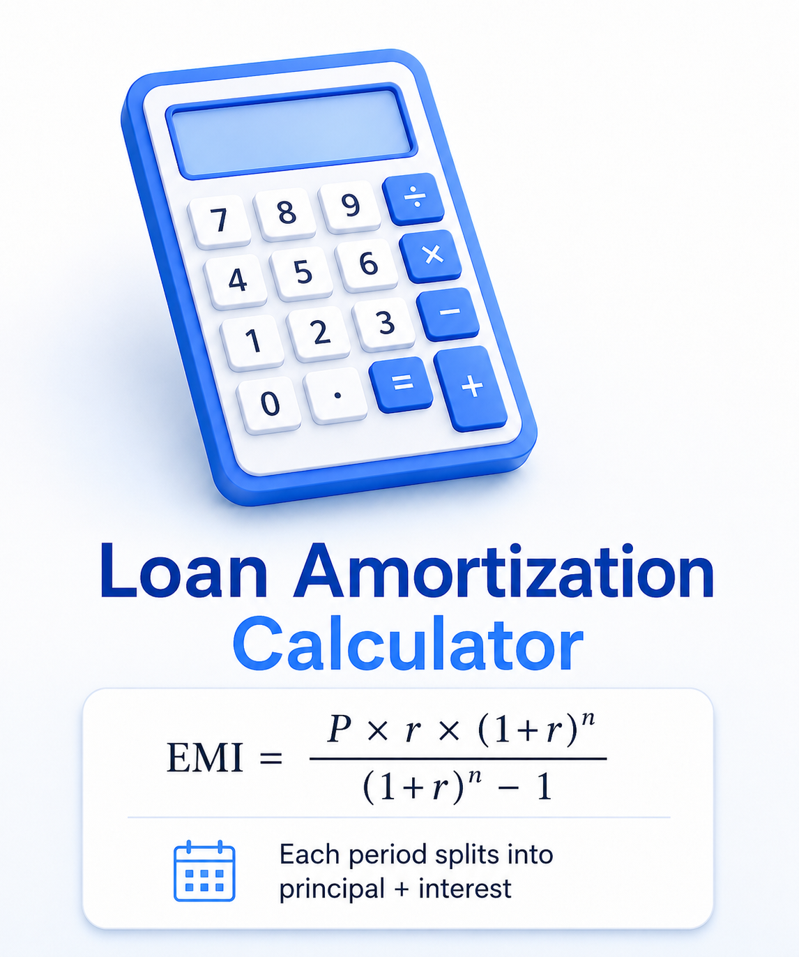 3D calculator illustration with the title Loan Amortization Calculator and the EMI formula showing P times r times (1+r)^n divided by (1+r)^n minus 1
