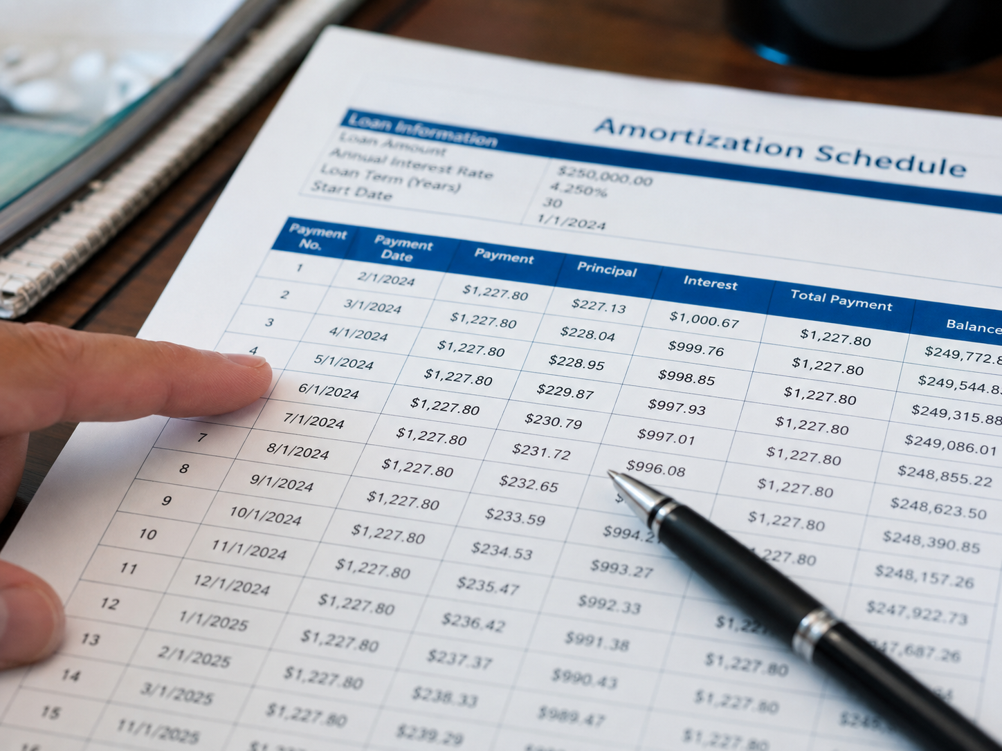 Person reviewing a printed loan amortization schedule with a pen, showing payment number, date, payment amount, principal, interest, and balance columns for a $250,000 loan