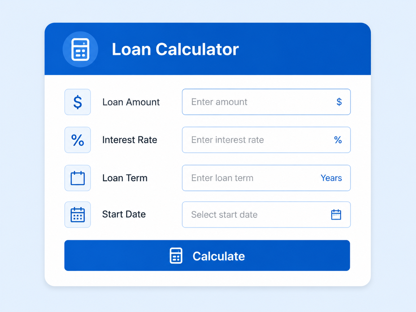 Loan calculator interface with input fields for loan amount, interest rate, loan term in years, start date, and a calculate button