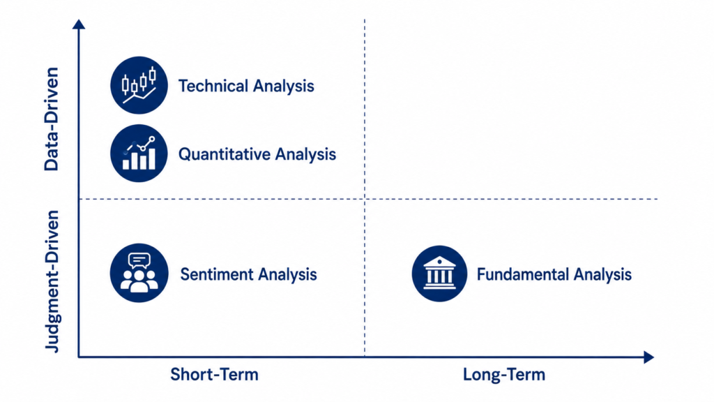 Quadrant diagram placing Technical, Quantitative, Sentiment, and Fundamental Analysis on axes of data-driven versus judgment-driven and short-term versus long-term