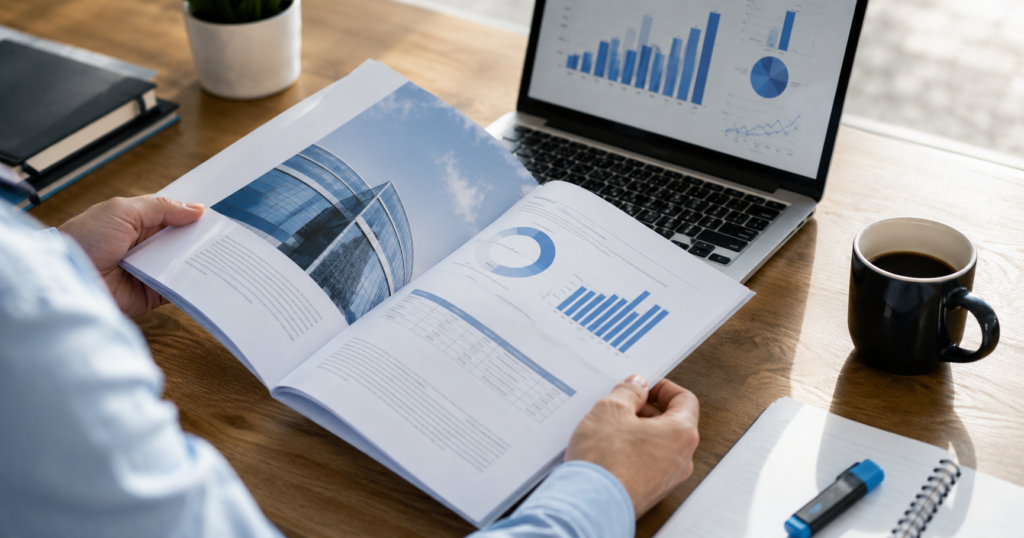 Person reviewing a printed annual report with charts and a building photo, next to a laptop displaying financial bar and pie charts.