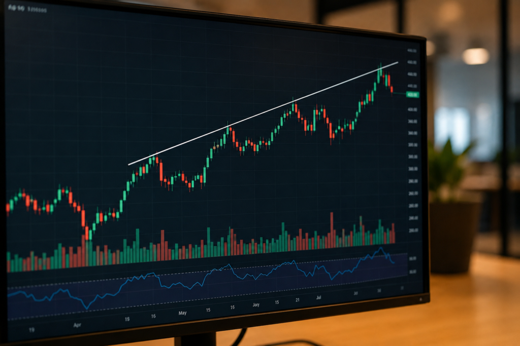 Close-up of a computer monitor displaying a candlestick stock chart with an ascending trendline, volume bars, and an oscillator indicator below