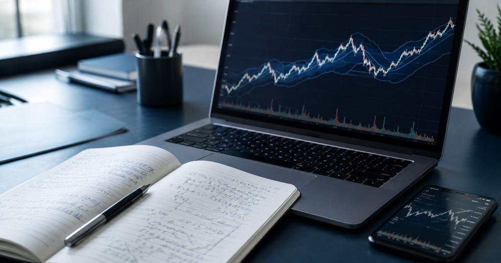 Laptop displaying a stock market candlestick chart with Bollinger Bands next to a handwritten notebook of financial calculations and a smartphone showing trading data