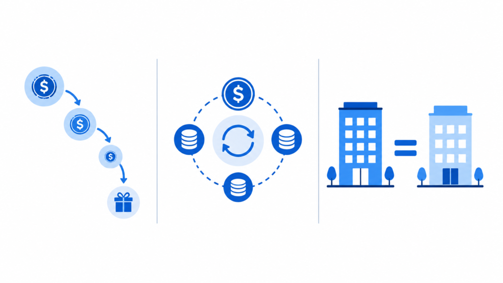 Three financial icon sets: dollar coins leading to a gift box, four money stacks in a circular exchange, and two equal buildings