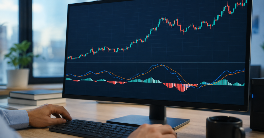 Trader working at a desk with a large monitor showing a candlestick price chart with an uptrend and a MACD indicator below it