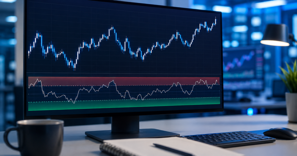 Computer monitor displaying a candlestick stock chart with an RSI oscillator indicator showing overbought and oversold zones