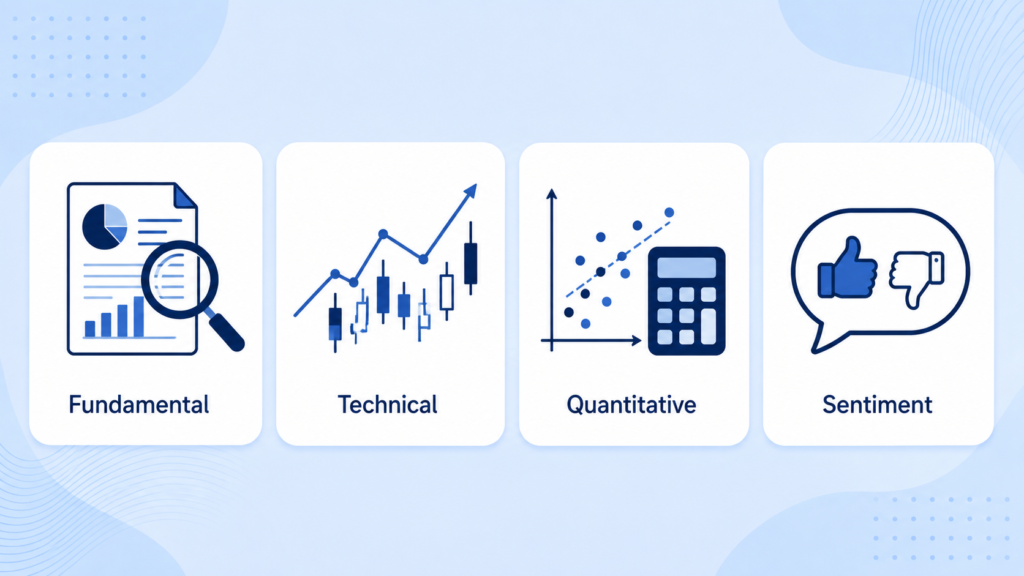 Four icon cards labeled Fundamental, Technical, Quantitative, and Sentiment, representing different types of market analysis
