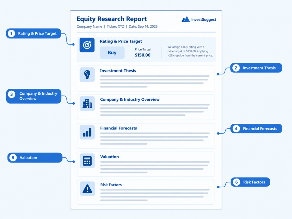 Annotated equity research report template with six labeled sections: Rating & Price Target (Buy, $150 target), Investment Thesis, Company & Industry Overview, Financial Forecasts, Valuation, and Risk Factors.
