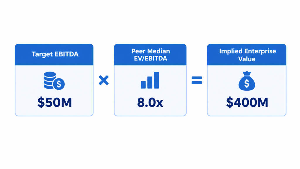Formula diagram showing Target EBITDA of $50M multiplied by Peer Median EV/EBITDA of 8.0x equals Implied Enterprise Value of $400M