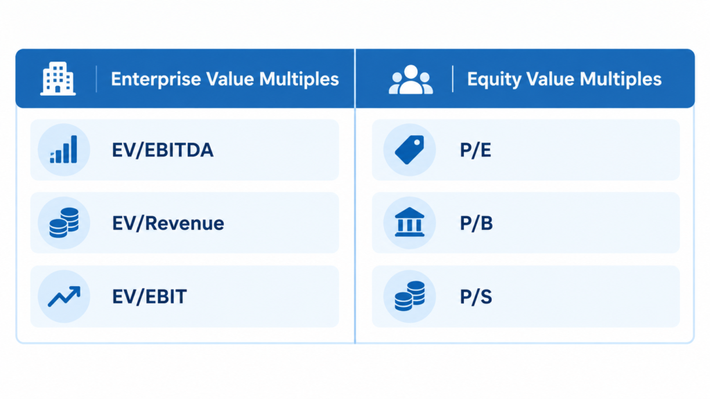 Comparison of enterprise value multiples (EV/EBITDA, EV/Revenue, EV/EBIT) and equity value multiples (P/E, P/B, P/S)