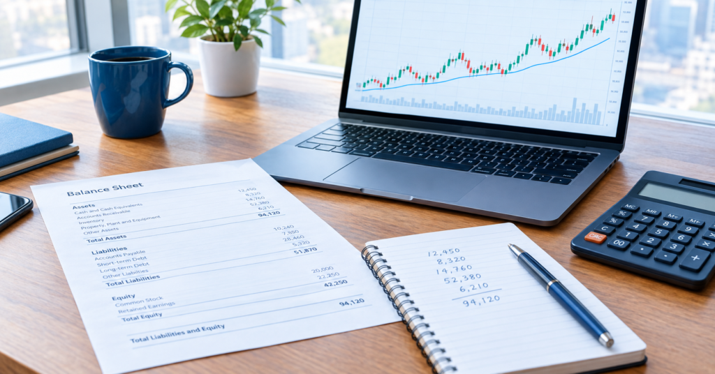 Financial desk setup with balance sheet document, laptop showing stock market chart, calculator, and notebook with figures