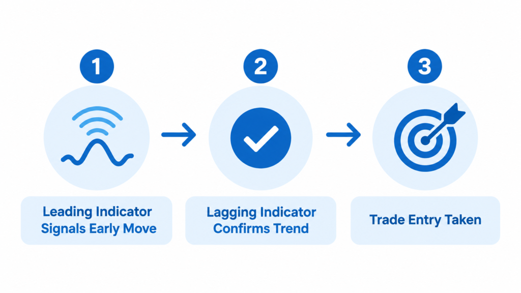 3-step diagram showing a leading indicator signaling an early move, a lagging indicator confirming the trend, and a trade entry being taken