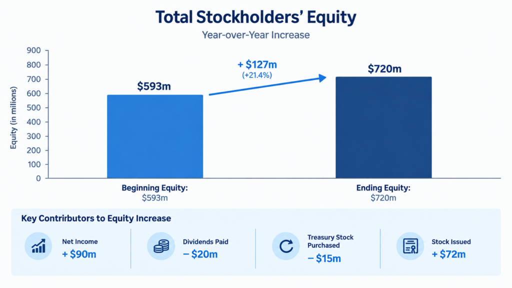 Bar chart showing stockholders' equity growing from $593m to $720m (+21.4%), broken down by net income, dividends, treasury stock, and stock issued
